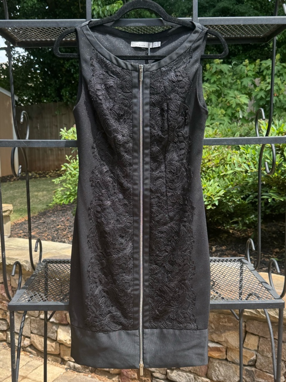 Karen Millen Black Lace Panel Sheath Dress Zip Front Size 4
